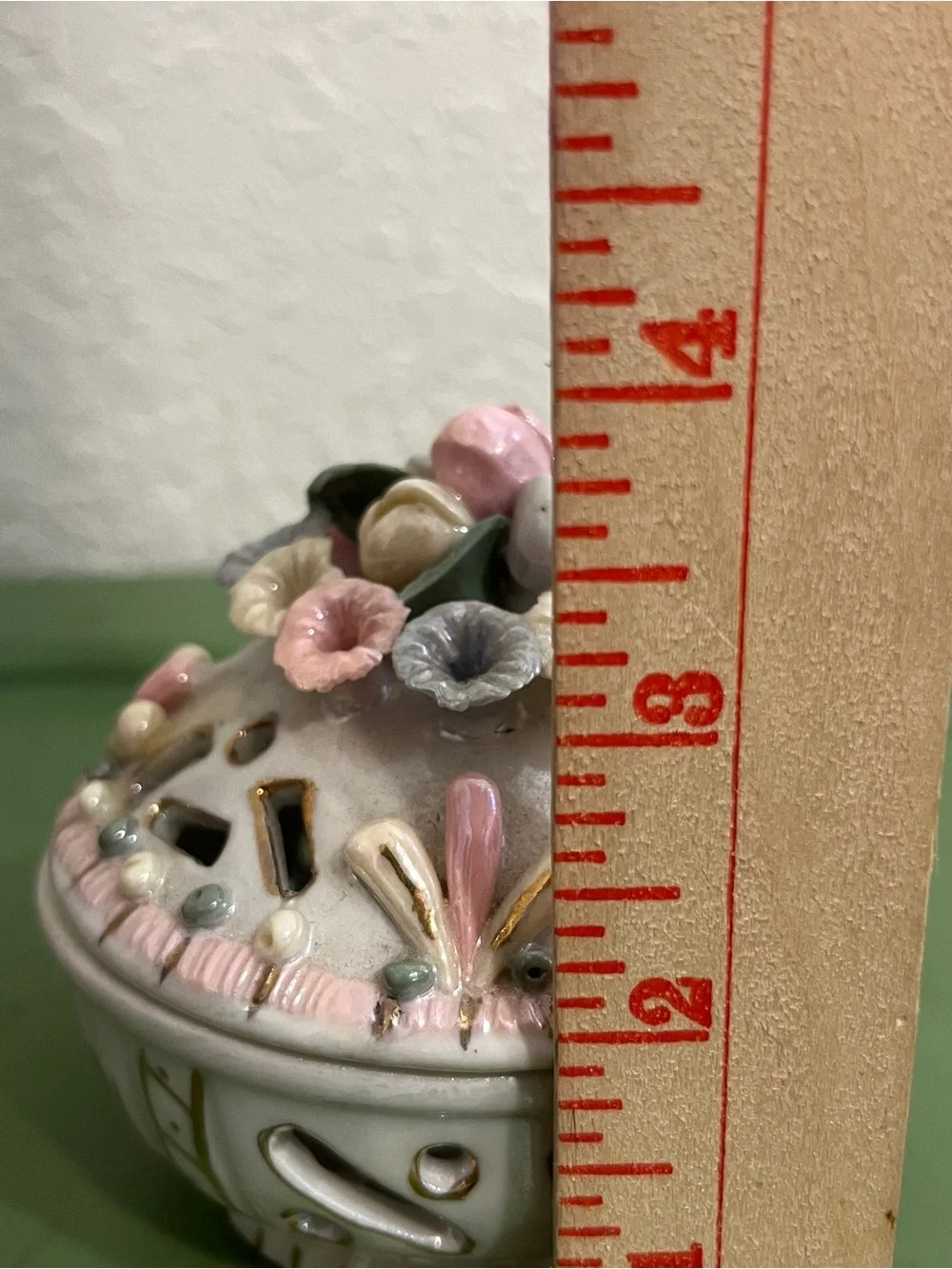 Vintage Porcelain Round Trinket Dresser Box with Applied Flowers Iridescent
